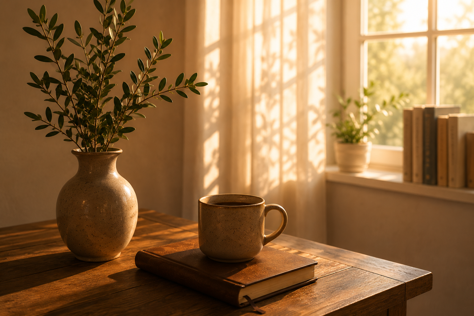 A quiet morning with a vase, a book, and a warm mug.