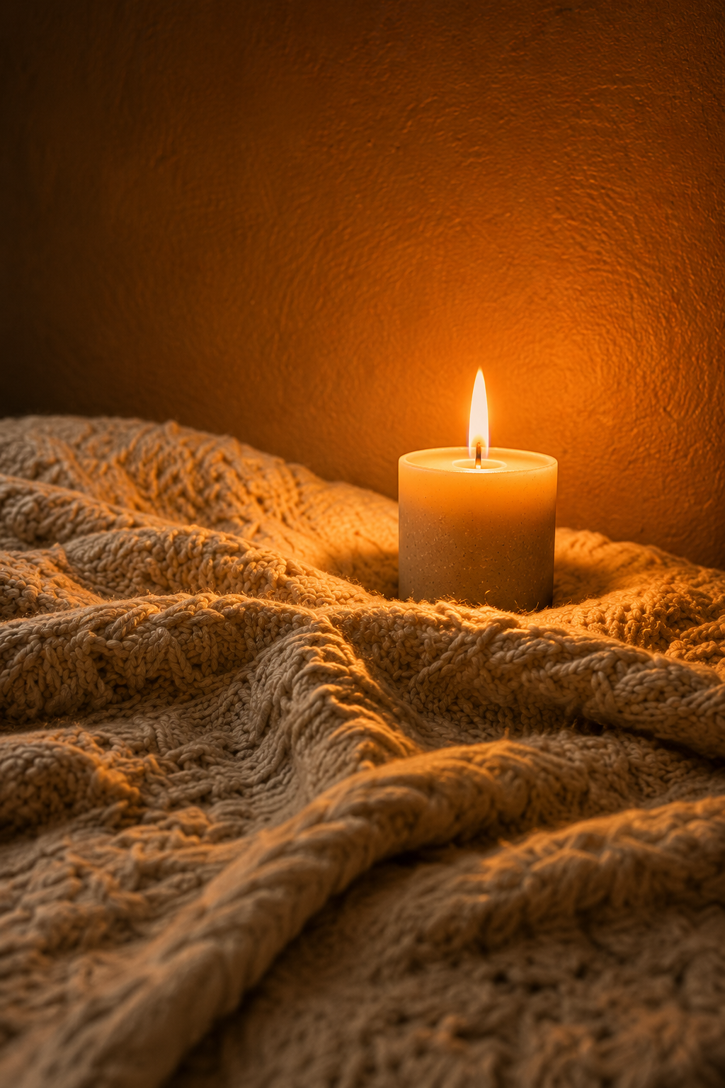 A single candle on a soft, woven blanket.