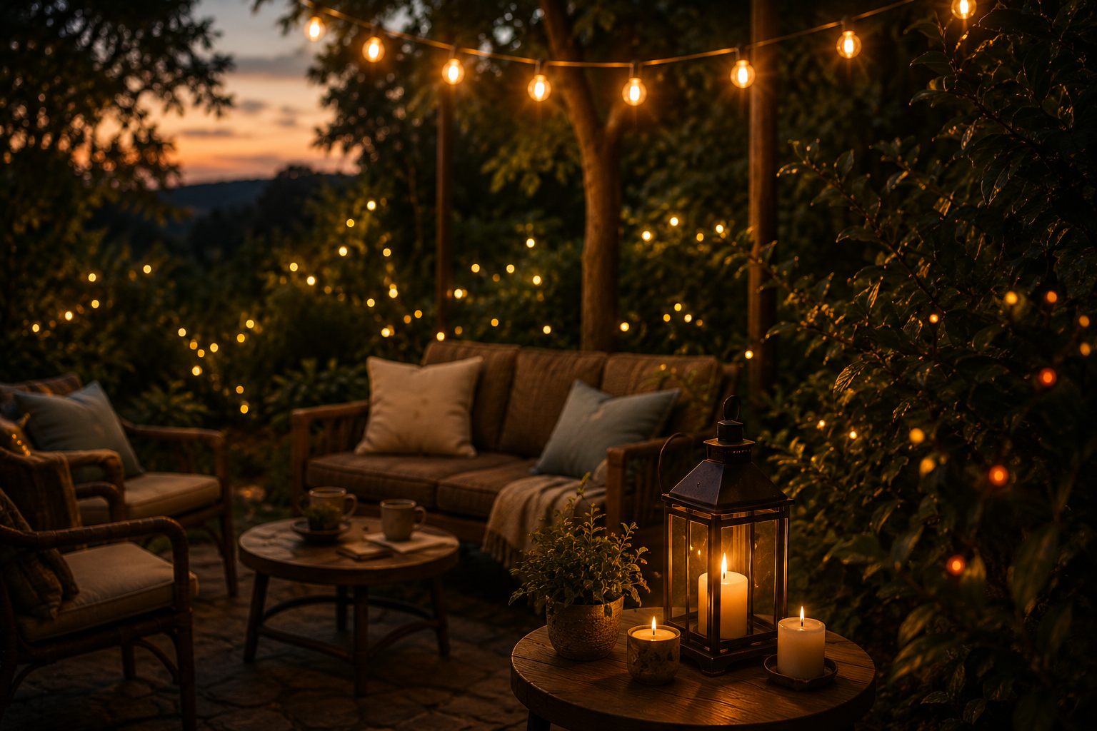 An evening patio gathering lit by string lights and candles.